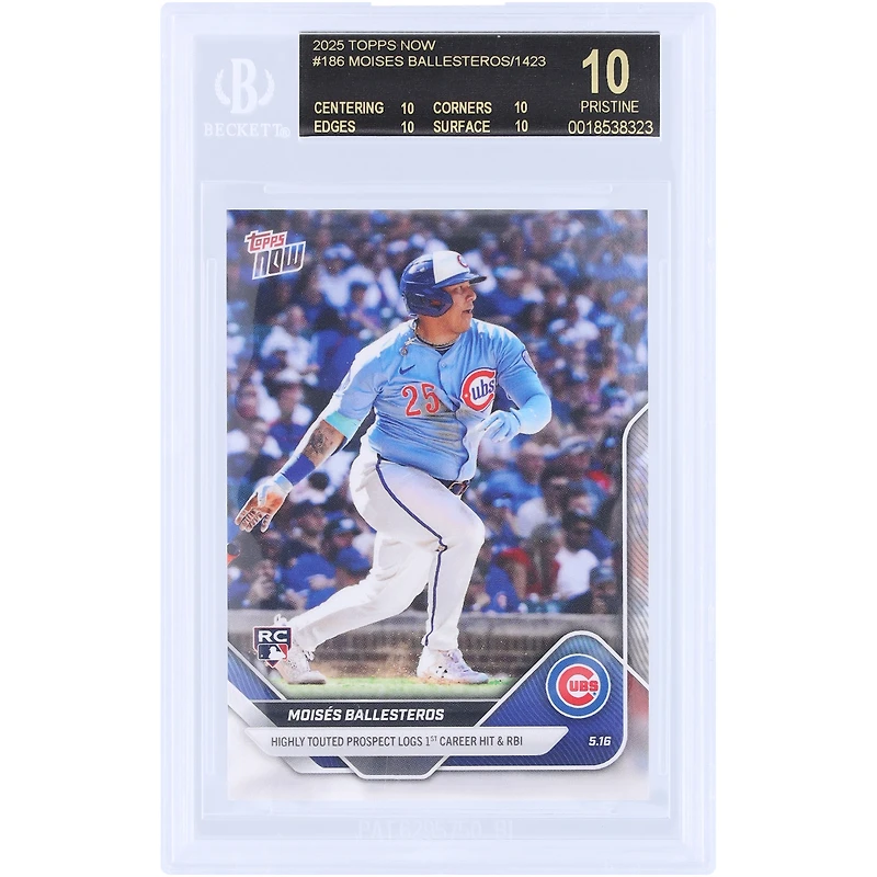 Moisés Ballesteros Chicago Cubs 2025 Topps Now Highly Touted Prospect Logs 1st Career Hit & RBI Black Label #186 BGS Authenticated 10 Rookie Card - 10,10,10,10 Subgrades