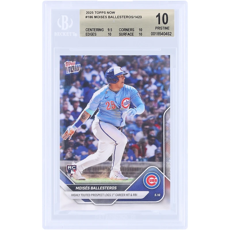 Moisés Ballesteros Chicago Cubs 2025 Topps Now Highly Touted Prospect Logs 1st Career Hit & RBI #186 BGS Authenticated 10 Rookie Card - 9.5,10,10,10 Subgrades