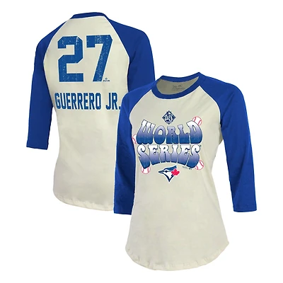 Women's Majestic Threads Vladimir Guerrero Jr. Cream Toronto Blue Jays 2025 World Series Name & Number Raglan 3/4-Sleeve T-Shirt