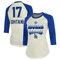 Women's Majestic Threads Shohei Ohtani Cream Los Angeles Dodgers 2025 World Series Name & Number Raglan 3/4-Sleeve T-Shirt