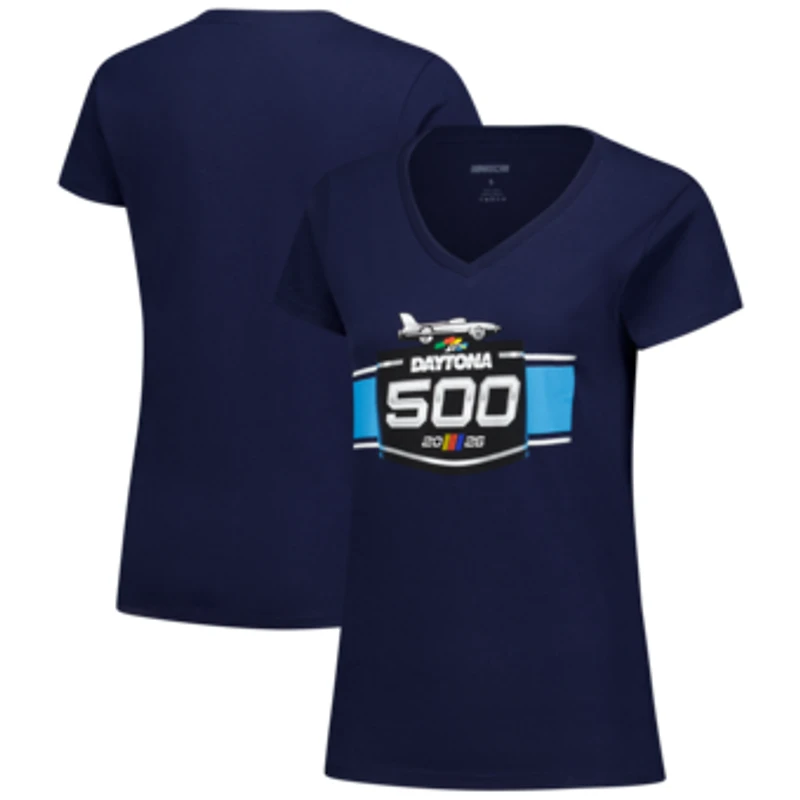 Women's Checkered Flag Sports Navy Daytona International Speedway 2026 Daytona 500 V-Neck T-Shirt