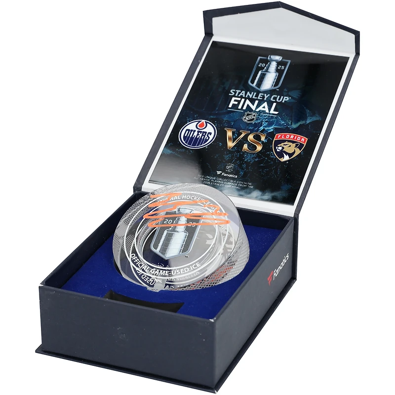 Evan Bouchard Edmonton Oilers Autographed 2025 Stanley Cup Final Match-Up Crystal Puck - Filled with Ice from the 2025 Stanley Cup Final
