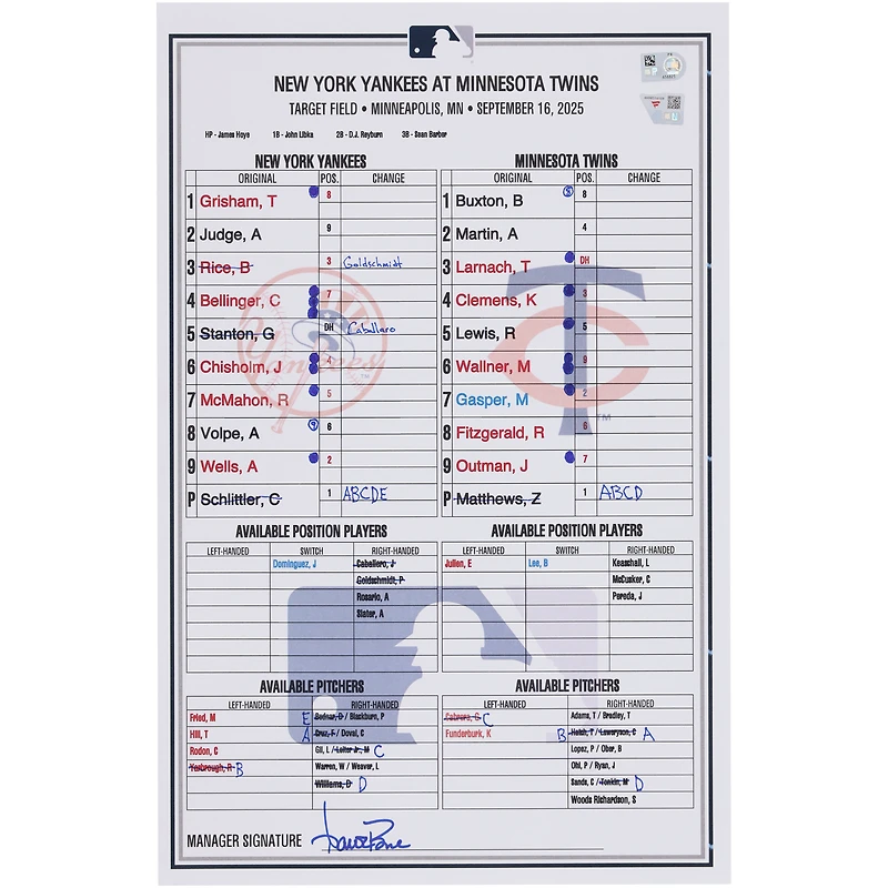 New York Yankees Game-Used Lineup Card vs. Minnesota Twins on September 16, 2025