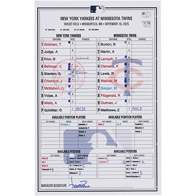 New York Yankees Game-Used Lineup Card vs. Minnesota Twins on September 16, 2025
