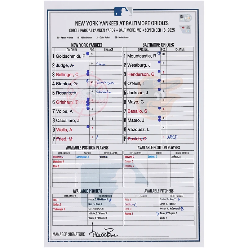 New York Yankees Game-Used Lineup Card vs. Baltimore Orioles on September 18, 2025