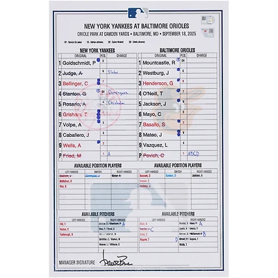New York Yankees Game-Used Lineup Card vs. Baltimore Orioles on September 18, 2025