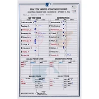 New York Yankees Game-Used Lineup Card vs. Baltimore Orioles on September 18, 2025