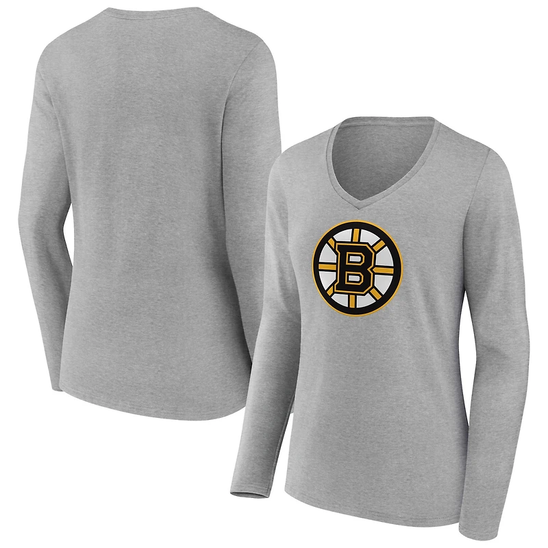 Women's  Gray Boston Bruins Primary Logo Long Sleeve V-Neck T-Shirt