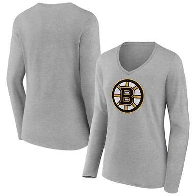 Women's  Gray Boston Bruins Primary Logo Long Sleeve V-Neck T-Shirt