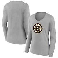 Women's  Gray Boston Bruins Primary Logo Long Sleeve V-Neck T-Shirt