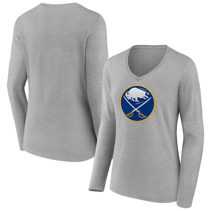 Women's  Gray Buffalo Sabres Primary Logo Long Sleeve V-Neck T-Shirt