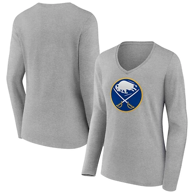 Women's  Gray Buffalo Sabres Primary Logo Long Sleeve V-Neck T-Shirt