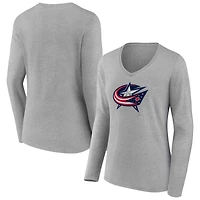 Women's  Gray Columbus Blue Jackets Primary Logo Long Sleeve V-Neck T-Shirt