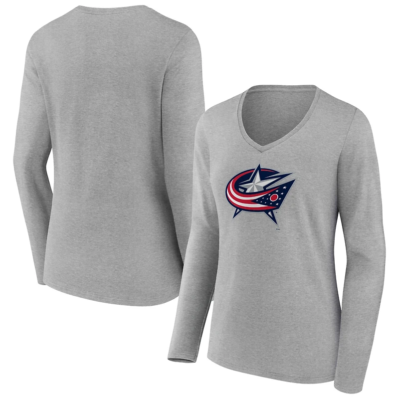Women's  Gray Columbus Blue Jackets Primary Logo Long Sleeve V-Neck T-Shirt
