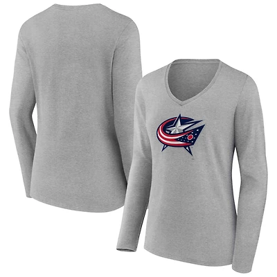 Women's  Gray Columbus Blue Jackets Primary Logo Long Sleeve V-Neck T-Shirt