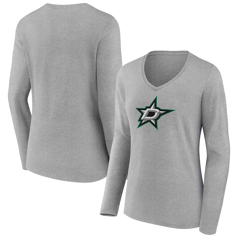 Women's  Gray Dallas Stars Primary Logo Long Sleeve V-Neck T-Shirt