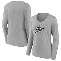 Women's  Gray Dallas Stars Primary Logo Long Sleeve V-Neck T-Shirt