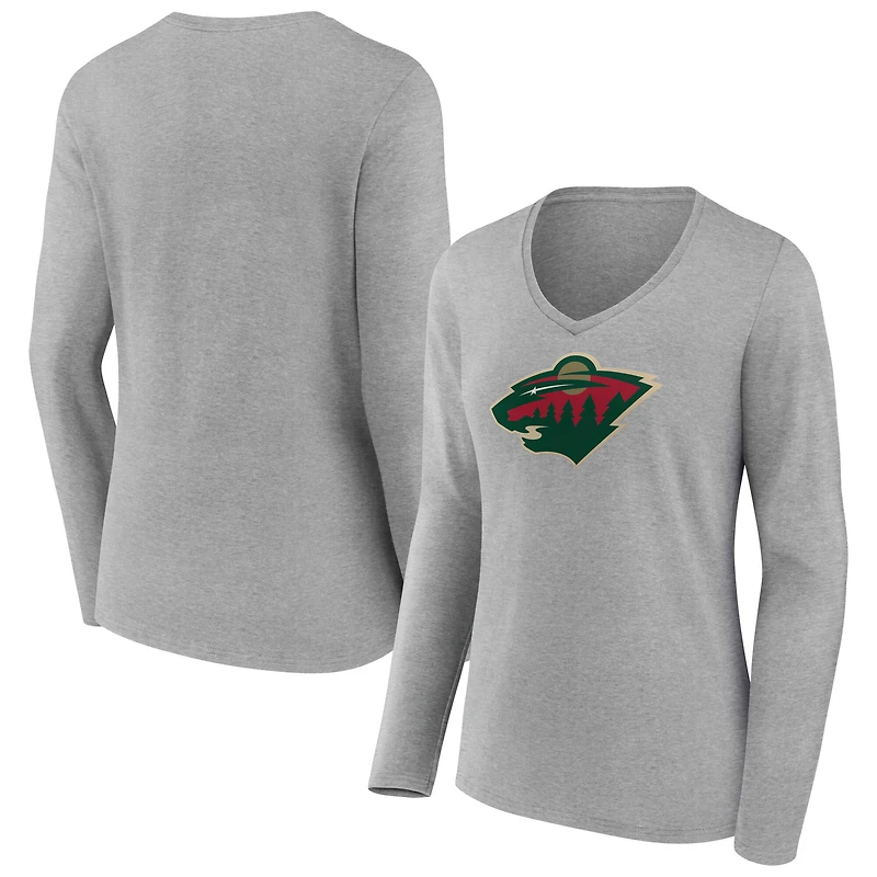 Women's  Gray Minnesota Wild Primary Logo Long Sleeve V-Neck T-Shirt