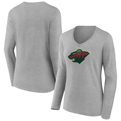 Women's  Gray Minnesota Wild Primary Logo Long Sleeve V-Neck T-Shirt
