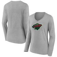 Women's  Gray Minnesota Wild Primary Logo Long Sleeve V-Neck T-Shirt