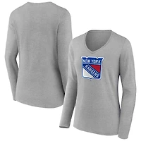 Women's  Gray New York Rangers Primary Logo Long Sleeve V-Neck T-Shirt