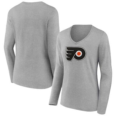 Women's  Gray Philadelphia Flyers Primary Logo Long Sleeve V-Neck T-Shirt