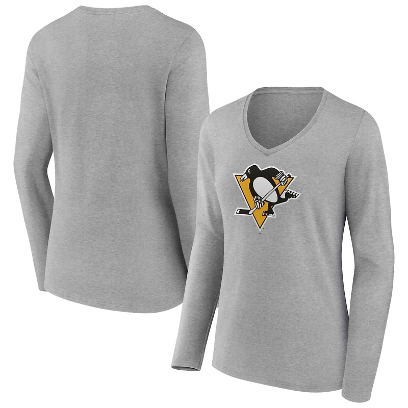 Women's  Gray Pittsburgh Penguins Primary Logo Long Sleeve V-Neck T-Shirt