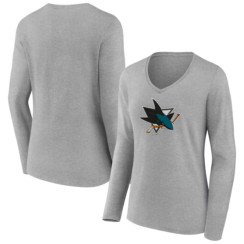 Women's  Gray San Jose Sharks Primary Logo Long Sleeve V-Neck T-Shirt