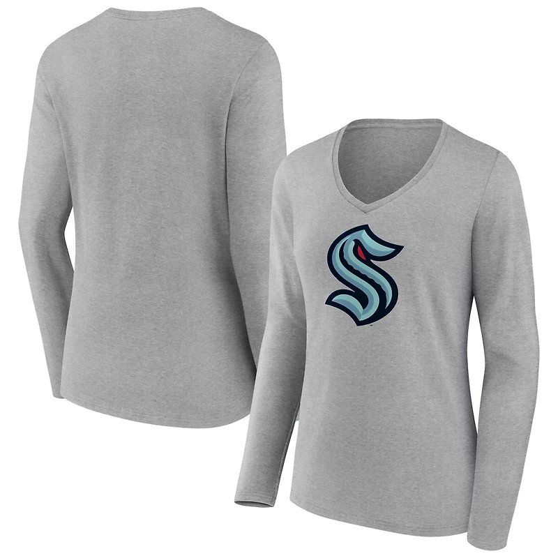 Women's  Gray Seattle Kraken Primary Logo Long Sleeve V-Neck T-Shirt