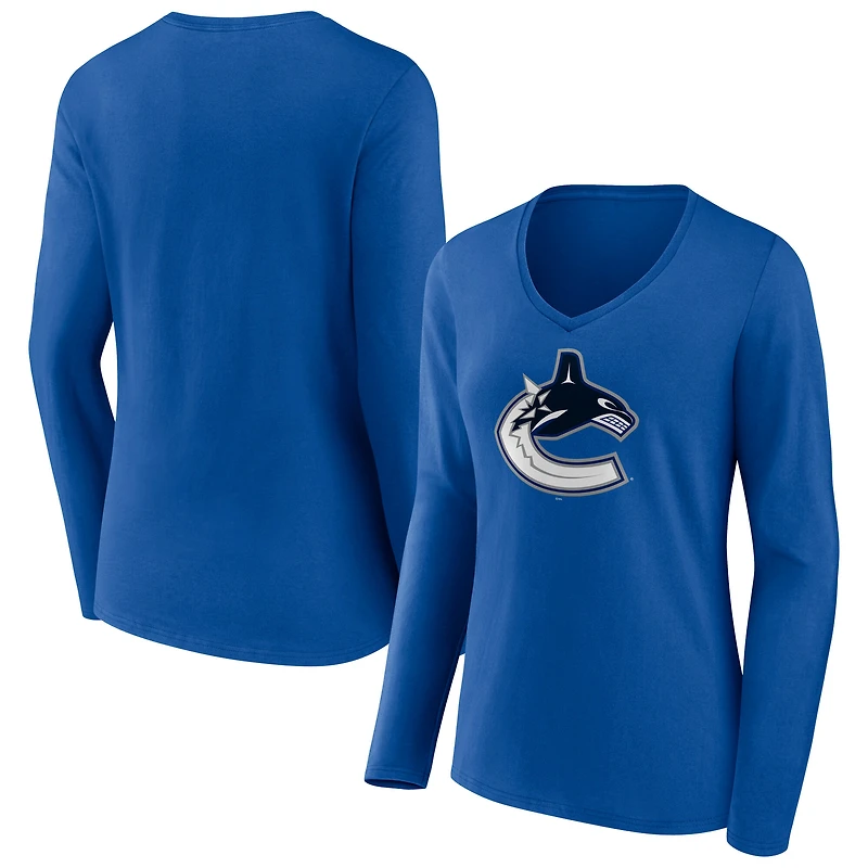 Women's Blue Vancouver Canucks Primary Logo Long Sleeve V-Neck T-Shirt