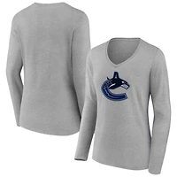 Women's  Gray Vancouver Canucks Primary Logo Long Sleeve V-Neck T-Shirt