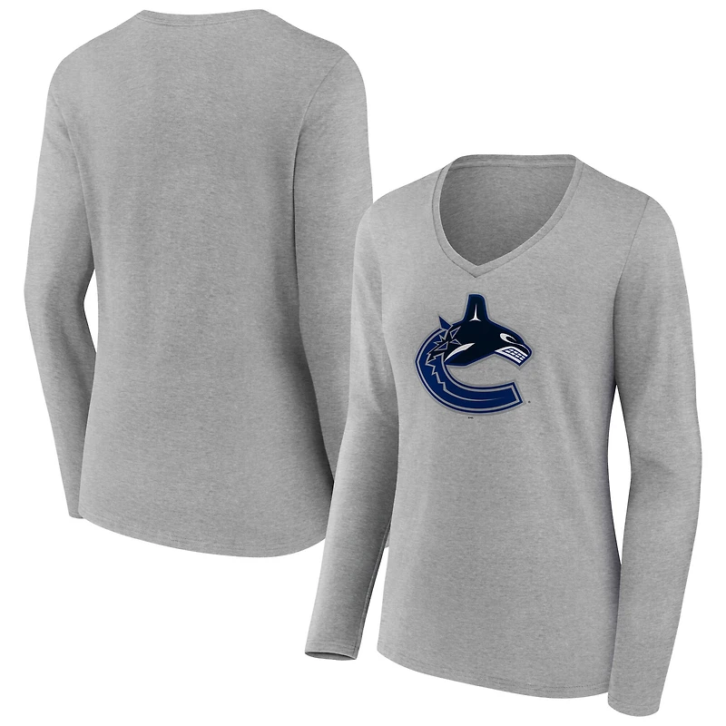 Women's  Gray Vancouver Canucks Primary Logo Long Sleeve V-Neck T-Shirt