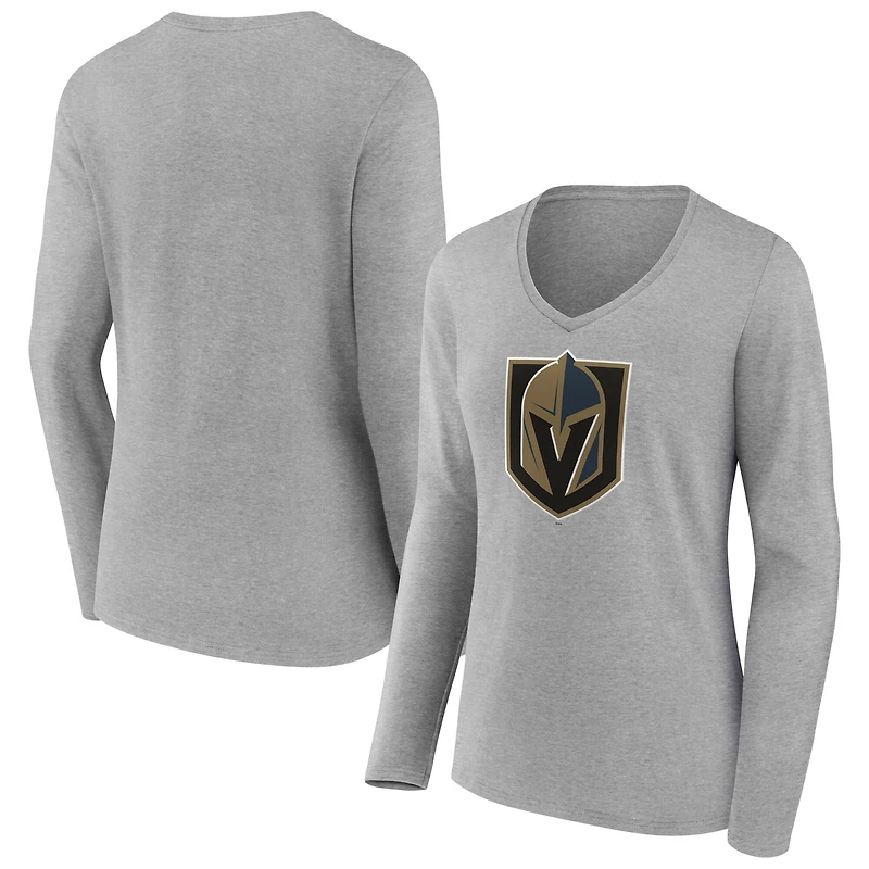 Women's  Gray Vegas Golden Knights Primary Logo Long Sleeve V-Neck T-Shirt