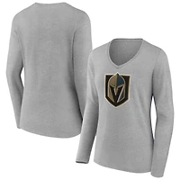 Women's  Gray Vegas Golden Knights Primary Logo Long Sleeve V-Neck T-Shirt