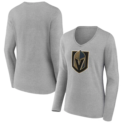 Women's  Gray Vegas Golden Knights Primary Logo Long Sleeve V-Neck T-Shirt