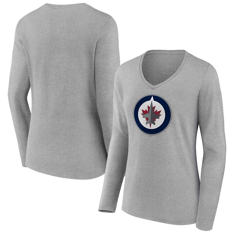 Women's  Gray Winnipeg Jets Primary Logo Long Sleeve V-Neck T-Shirt