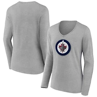 Women's  Gray Winnipeg Jets Primary Logo Long Sleeve V-Neck T-Shirt