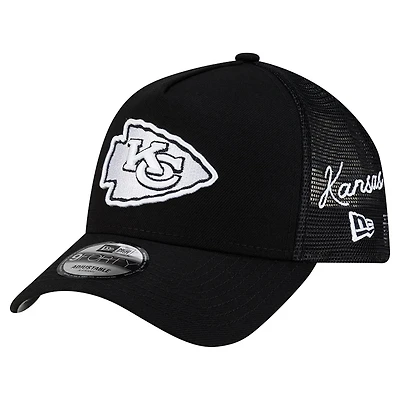Men's New Era Black Kansas City Chiefs City Script 9FORTY A-Frame Adjustable Hat