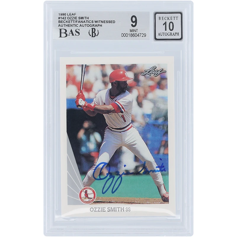 Ozzie Smith St. Louis Cardinals Autographed 1990 Leaf #142 Beckett Fanatics Witnessed Authenticated /10 Card