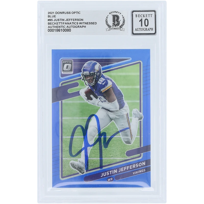 Justin Jefferson Minnesota Vikings Autographed 2021 Panini Donruss Optic Blue Prizm #95 #/179 Beckett Fanatics Witnessed Authenticated 10 Card