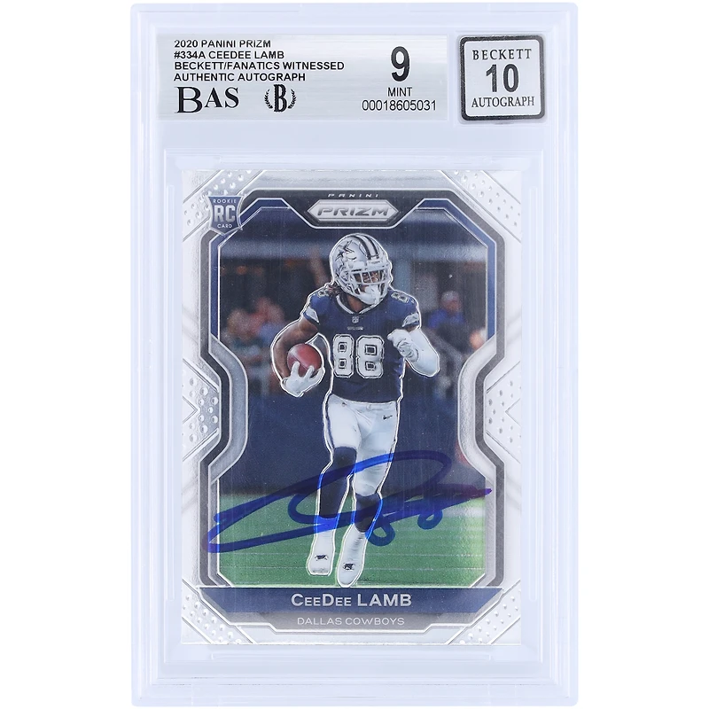 CeeDee Lamb Dallas Cowboys Autographed 2020 Panini Prizm #334 Beckett Fanatics Witnessed Authenticated 9/10 Rookie Card