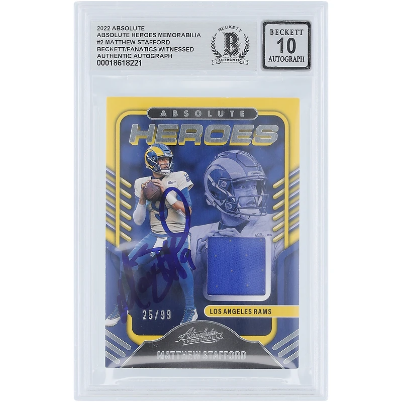 Matthew Stafford Los Angeles Rams Autographed 2022 Panini Absolute Heroes Memorabilia Jersey Relic #AH-2 #/99 Beckett Fanatics Witnessed Authenticated 10 Card