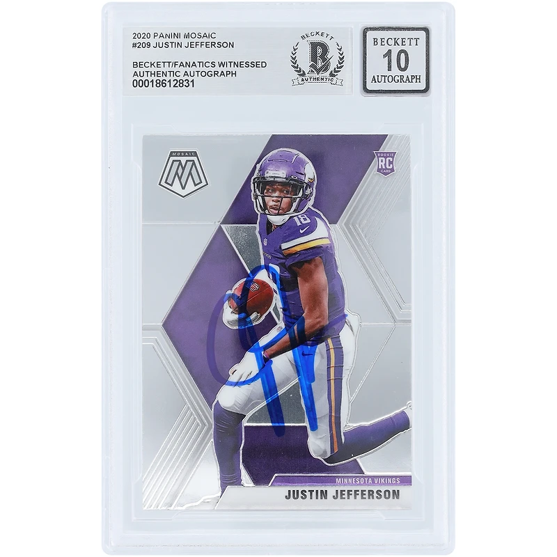 Justin Jefferson Minnesota Vikings Autographed 2020 Panini Mosaic #209 Beckett Fanatics Witnessed Authenticated /10 Rookie Card