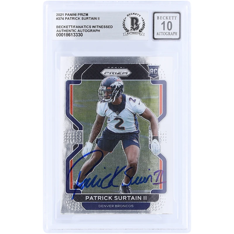 Patrick Surtain II Denver Broncos Autographed 2021 Panini Prizm #374 Beckett Fanatics Witnessed Authenticated 10 Rookie Card