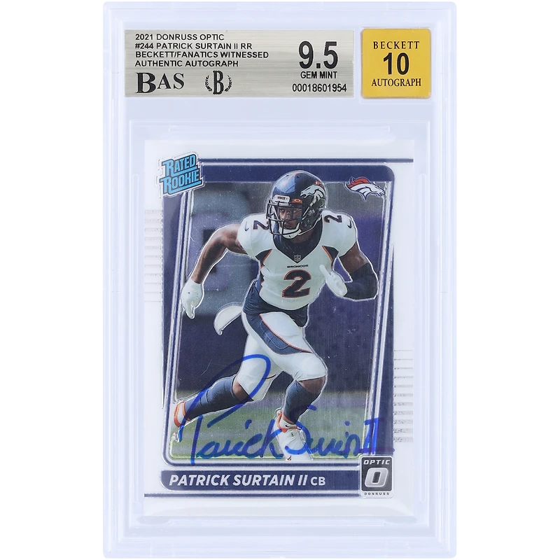 Patrick Surtain II Denver Broncos Autographed 2021 Panini Donruss Optic #244 Beckett Fanatics Witnessed Authenticated 9.5/10 Rookie Card