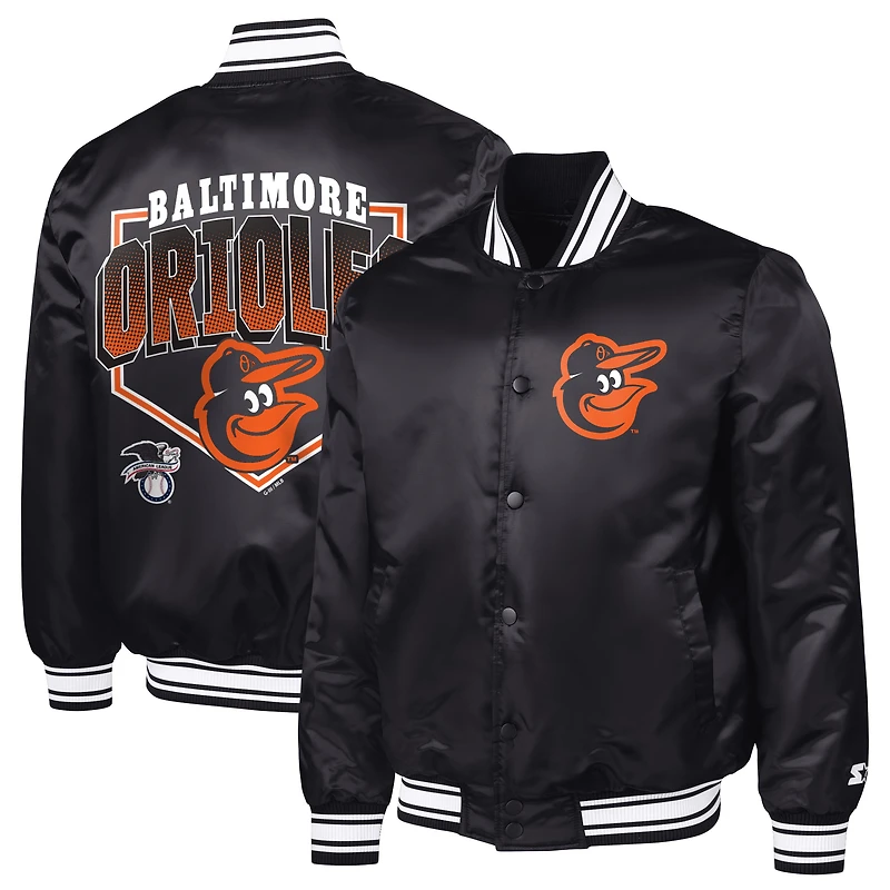 Men's Starter Black Baltimore Orioles Home Plate Printed Graphic Satin Full-Snap Varsity Jacket