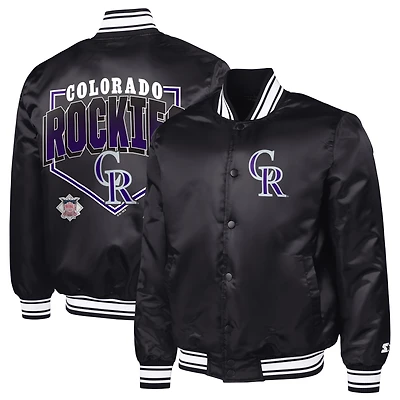 Men's Starter  Black Colorado Rockies Home Plate Printed Graphic Satin Full-Snap Varsity Jacket