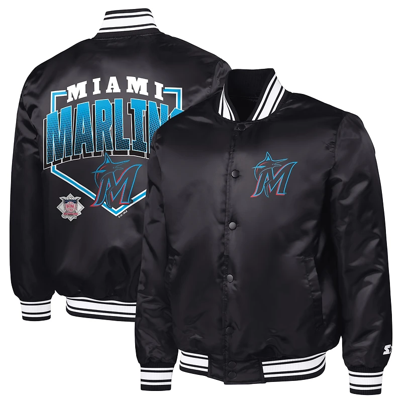 Men's Starter Black Miami Marlins Home Plate Printed Graphic Satin Full-Snap Varsity Jacket