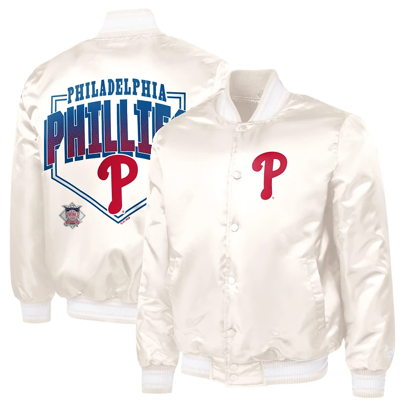Men's Starter Cream Philadelphia Phillies Home Plate Printed Graphic Satin Full-Snap Varsity Jacket
