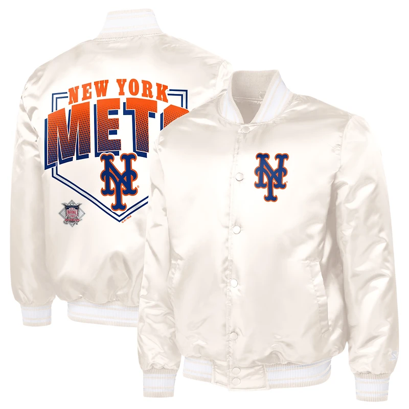 Men's Starter Cream New York Mets Home Plate Printed Graphic Satin Full-Snap Varsity Jacket